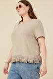 HY8429 Mustard Womens Fringed Tassel Hem Textured Knit Top Front