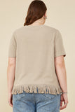 HY8429W Taupe Plus Fringed Tassel Hem Textured Knit Top Gif