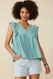 HY8456 Mint Womens Ruffled V Neck Wash Tencel Tank Front