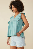 HY8456 Mint Womens Ruffled V Neck Wash Tencel Tank Full Body