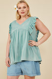 HY8456W Mint Plus Ruffled V Neck Wash Tencel Tank Front