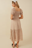 HY8475 Stone Womens Crochet Eyelet Hemmed Smocked Dress Detail