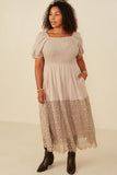 HY8475W Stone Plus Crochet Eyelet Hemmed Smocked Dress Detail