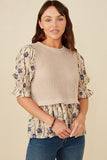 HY8485W Taupe Plus Mix Media Floral Woven Twofer Top Front