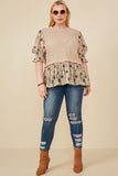 HY8485 Taupe Womens Mix Media Floral Woven Twofer Top Back