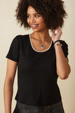 HY8490W Black Plus Pearl Trimmed Scoop Neck Textured Knit Top Front