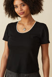 HY8490 Black Womens Pearl Trimmed Scoop Neck Textured Knit Top Full Body