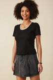 HY8490 Black Womens Pearl Trimmed Scoop Neck Textured Knit Top Back