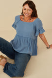 HY8495W Denim Plus Washed Gauze Textured Fray Detail Top Front