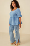 HY8495W Denim Plus Washed Gauze Textured Fray Detail Top Gif