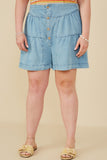 HY8518 Light Denim Womens Button Detail Tiered Wideleg Tencel Shorts Front