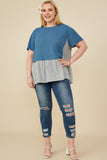 HY8522 Denim Womens Mix Media Contrast Striped Twofer Top Back