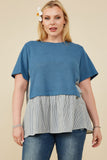 HY8522W Denim Plus Mix Media Contrast Striped Twofer Top Side