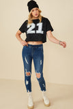 HY8525 Black Womens Distressed Print Washed Athletic Jersey  Top Gif