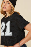 HY8525 Black Womens Distressed Print Washed Athletic Jersey  Top Full Body