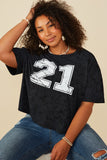 HY8525W Black Plus Distressed Print Washed Athletic Jersey Top Pose