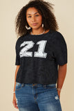 HY8525 Black Womens Distressed Print Washed Athletic Jersey  Top Detail