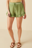 HY8529W Green Plus Washed Gauze Textured Ruffled Hem Shorts Front