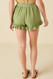 HY8529 Green Womens Washed Gauze Textured Ruffled Hem Shorts Side