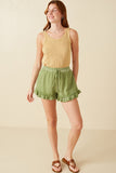 HY8529 Green Womens Washed Gauze Textured Ruffled Hem Shorts Back