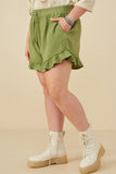 HY8529 Green Womens Washed Gauze Textured Ruffled Hem Shorts Full Body