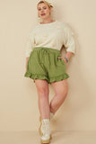 HY8529W Green Plus Washed Gauze Textured Ruffled Hem Shorts Side