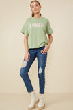 HY8539 Sage Womens Lover Verbiage Patch Raw Edge Detail T Shirt Gif