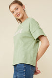 HY8539 Sage Womens Lover Verbiage Patch Raw Edge Detail T Shirt Full Body