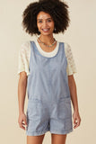 HY8542W Dusty Blue Womens Washed Patch Pocket Scoop Back Sleeveless Romper Front