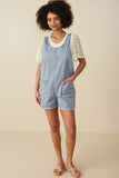 HY8542 Dusty Blue Womens Washed Patch Pocket Scoop Back Sleeveless Romper Gif