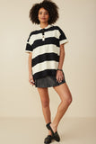 HY8566 Black Womens Engineered Block Striped Hooded Knit Tunic Full Body