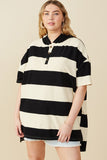 HY8566W Black Plus Engineered Block Striped Hooded Knit Tunic Front