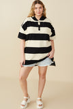 HY8566W Black Plus Engineered Block Striped Hooded Knit Tunic Full Body