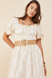 HY8574 Beige Womens Eyelet Lace Square Neck Smocked Dress Gif