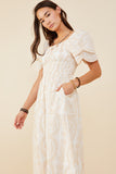 HY8574 Beige Womens Eyelet Lace Square Neck Smocked Dress Detail