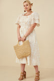 HY8574W Beige Plus Eyelet Lace Square Neck Smocked Dress Full Body