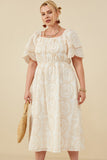 HY8574W Beige Plus Eyelet Lace Square Neck Smocked Dress Detail