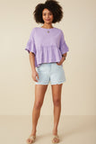 HY8582 Lavender Womens Drop Shoulder Ruffled Washed Knit Top Full Body