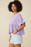 HY8582 Lavender Womens Drop Shoulder Ruffled Washed Knit Top Side