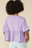 HY8582 Lavender Womens Drop Shoulder Ruffled Washed Knit Top Back