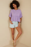 HY8582 Lavender Womens Drop Shoulder Ruffled Washed Knit Top Pose