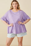 HY8582W Lavender Plus Drop Shoulder Ruffled Washed Knit Top Pose