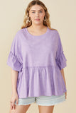 HY8582W Lavender Plus Drop Shoulder Ruffled Washed Knit Top Front