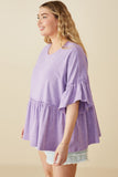 HY8582W Lavender Plus Drop Shoulder Ruffled Washed Knit Top Side