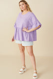 HY8582W Lavender Plus Drop Shoulder Ruffled Washed Knit Top Full Body