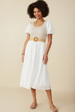 HY8586W Ivory Plus Mix Media Ribbed Knit Bodice Dress Pose