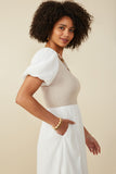 HY8586 Ivory Womens Mix Media Ribbed Knit Bodice Dress Detail