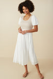 HY8586 Ivory Womens Mix Media Ribbed Knit Bodice Dress Front