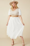 HY8586W Ivory Plus Mix Media Ribbed Knit Bodice Dress Full Body