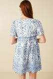 HY8587 Blue Womens Eyelet Embroidered Button Down Scallop Hem Dress Detail